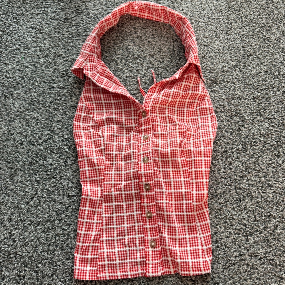 Celandine Halter Top Size M Gingham Plaid Cotton Lace Up Back Red White NEW